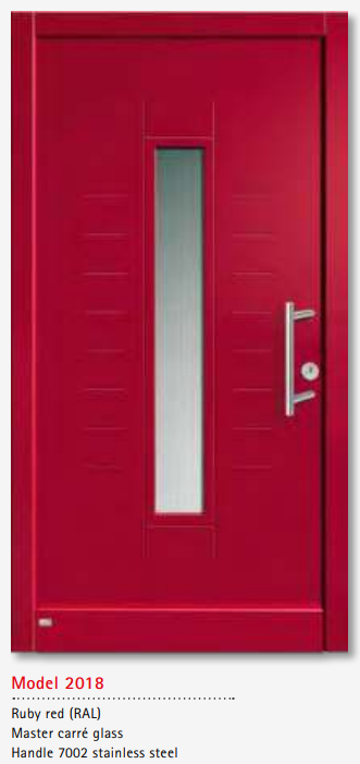 UNILUX Model 2018 Ruby Red JuniorLine Door, Master Carr Glass, Security Handle, Bespoke Timber Entry